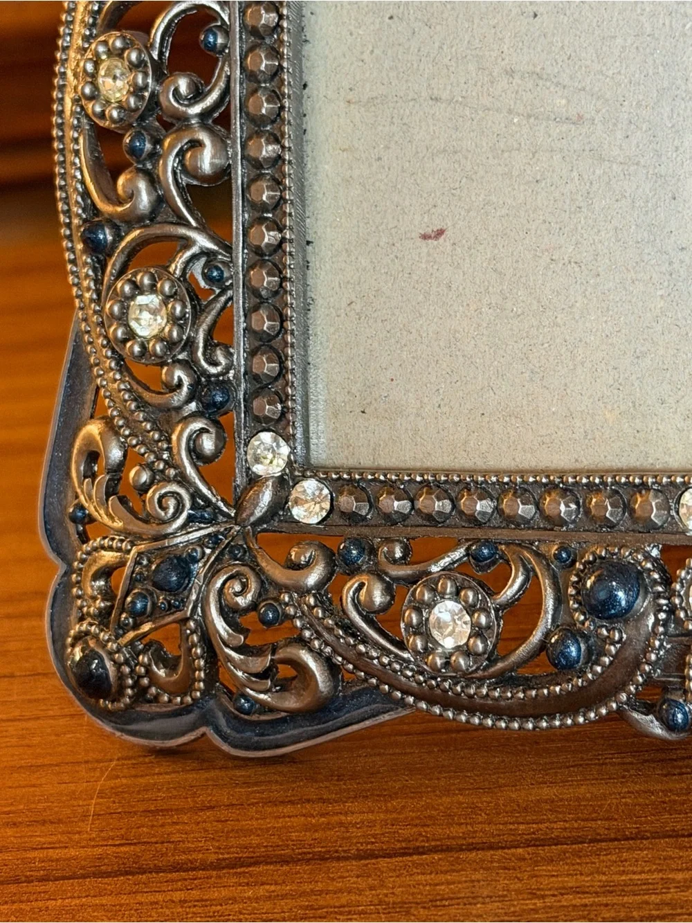 Vintage Ornate Pewter Metal Bejeweled 4x6 Picture Frame Heavy Filigree Crystals